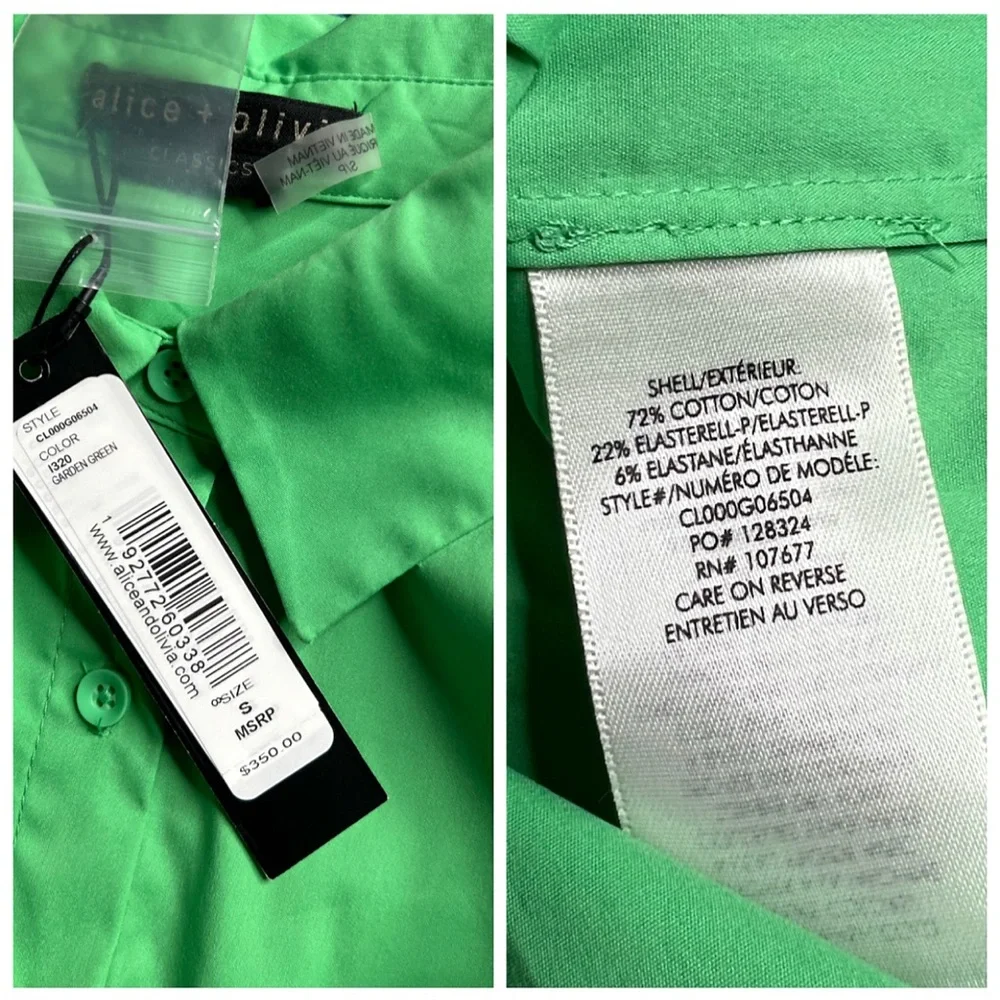 Alice + Olivia Dimitra Button Down Rolled Sleeve Green Mini Dress